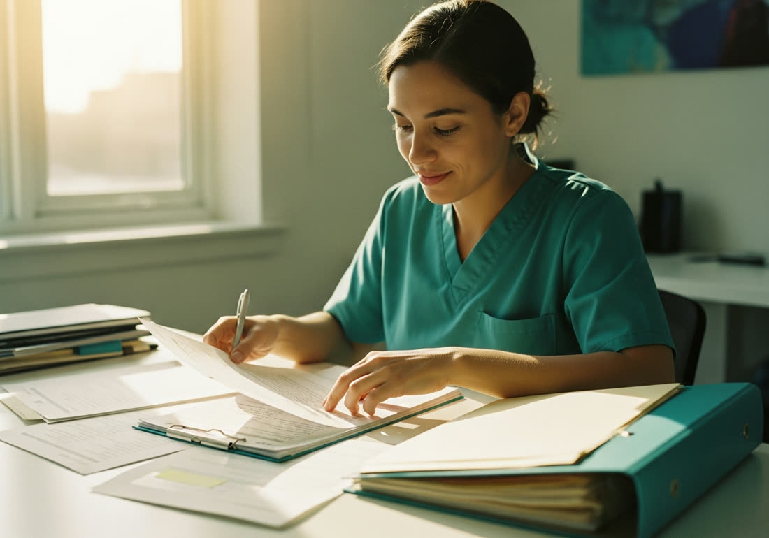 A person happily organizing neat lists and folders on a bright desk