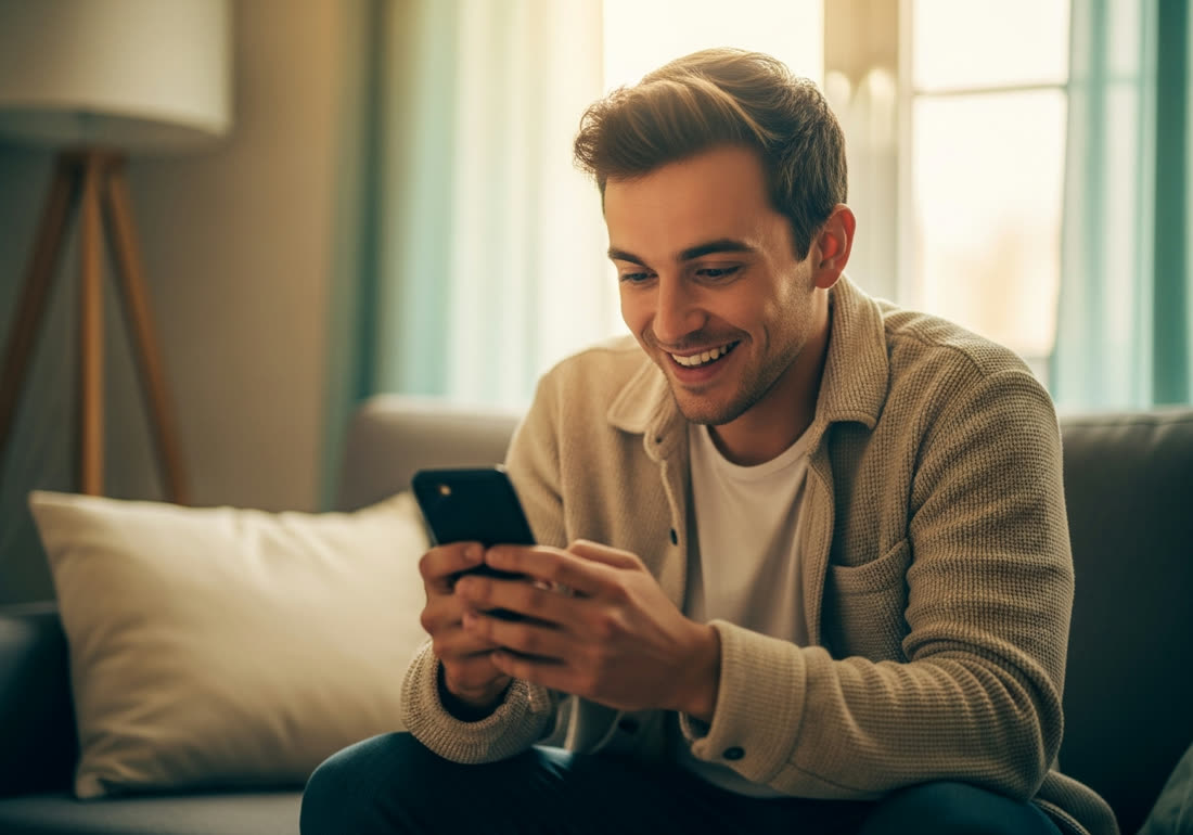 A man on his sofa glancing at his phone with a pleased smile
