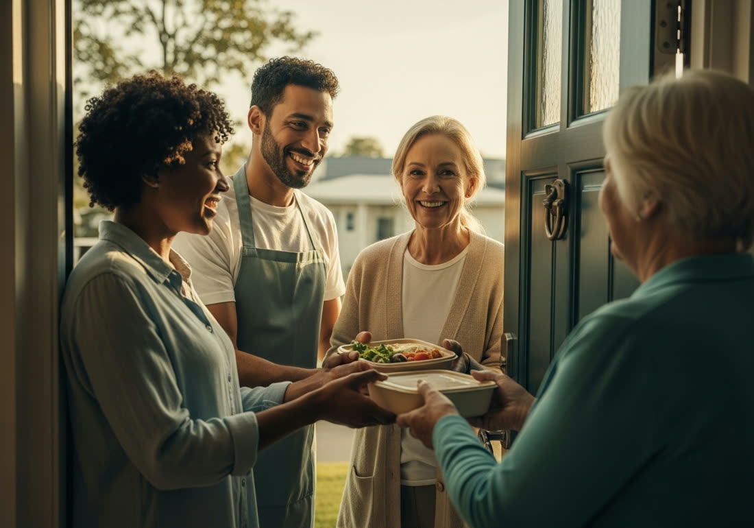 A volunteer warmly handing a home-cooked meal to a neighbor