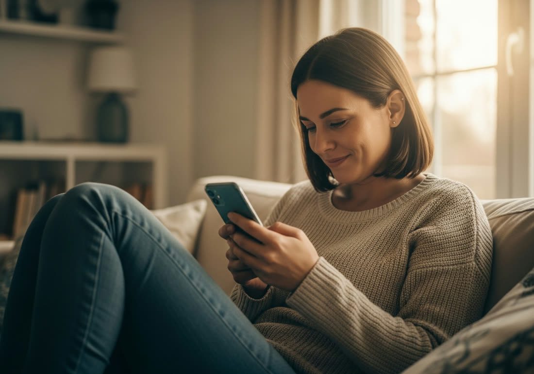 A person relaxing at home, smiling at their phone after finding help