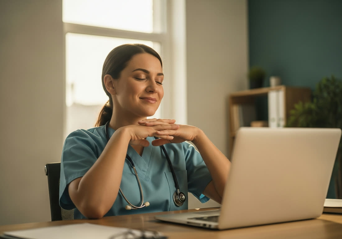 A relieved social worker resting her hands on her laptop with a calm smile