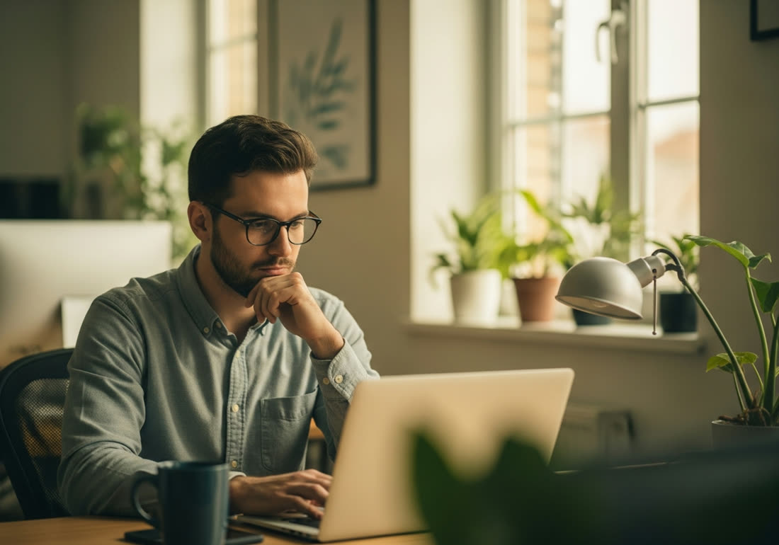 A focused developer working at a laptop in a bright office