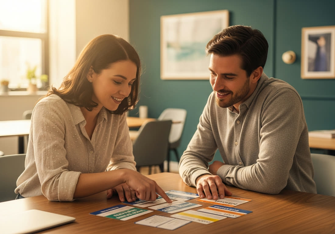 Two colleagues reviewing service options together at a table