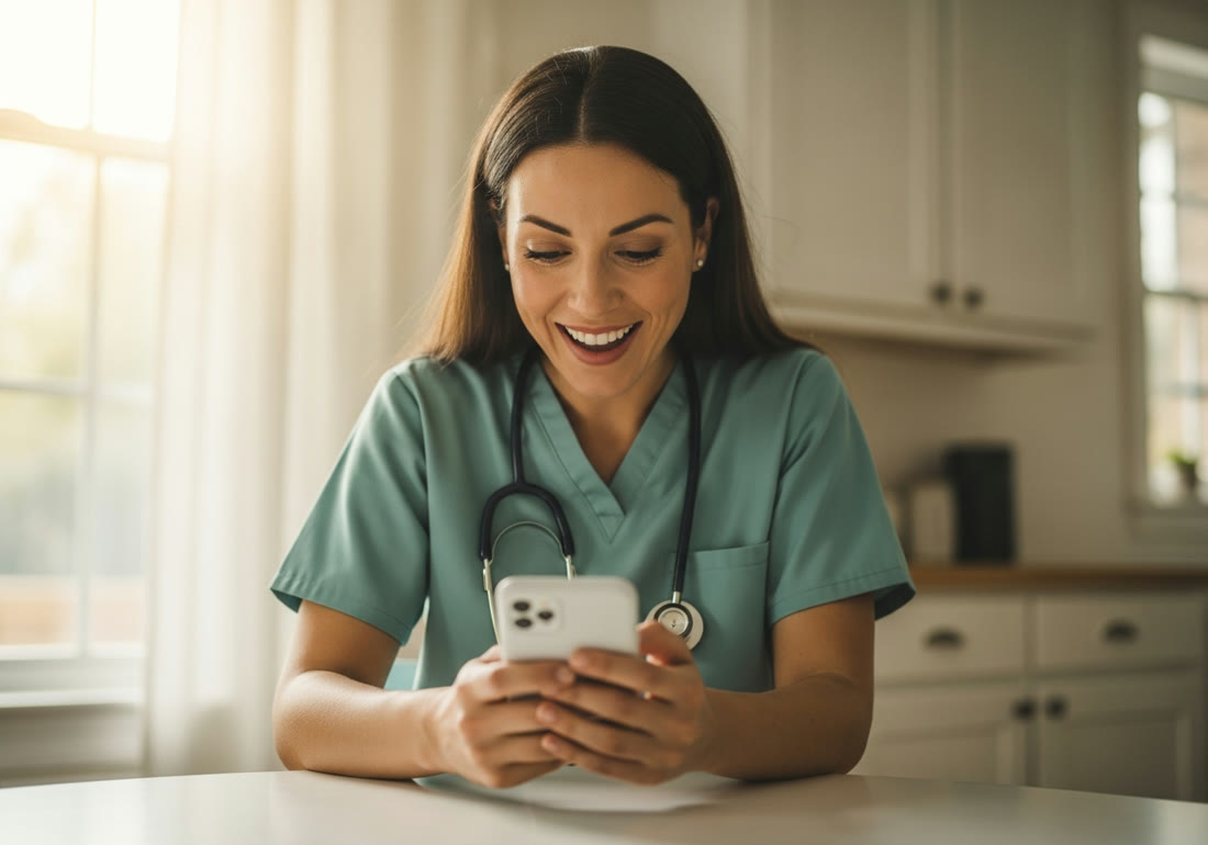 A small business owner smiling at a notification on their phone