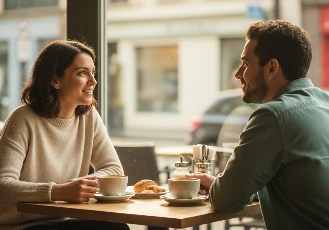 Two people having a relaxed conversation over coffee
