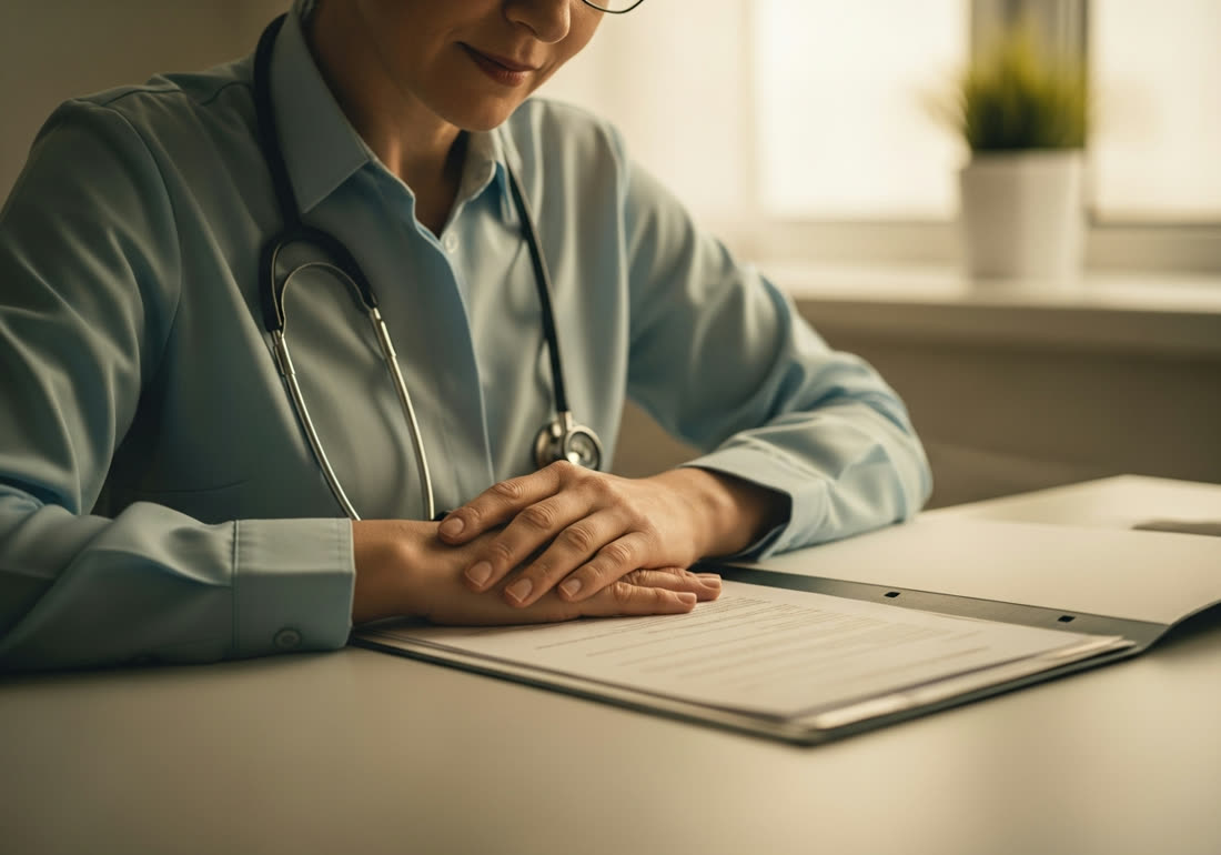 A healthcare administrator carefully reviewing confidential paperwork