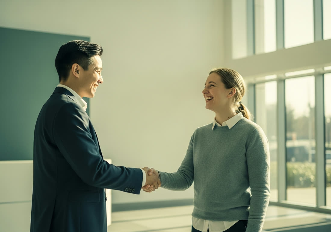 A warm handshake between two smiling professionals