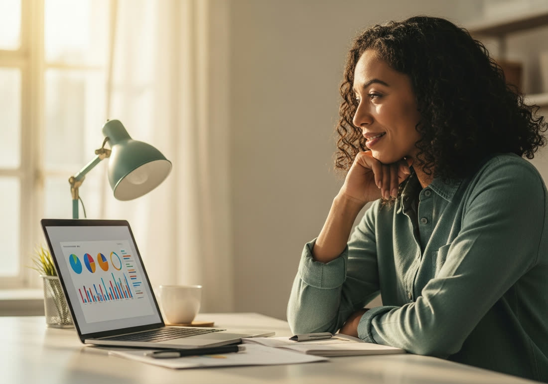 A manager looking with satisfaction at charts on a laptop