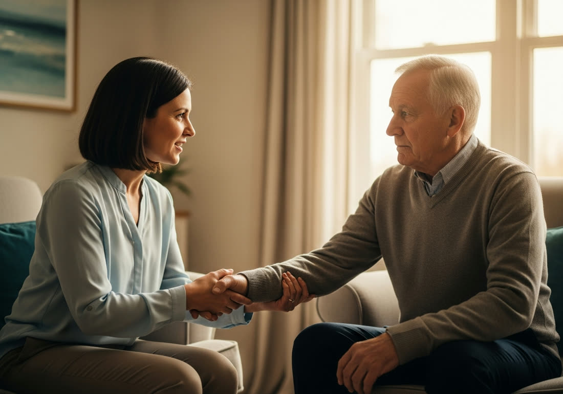 A compassionate counselor sitting with an older man in a warm living room