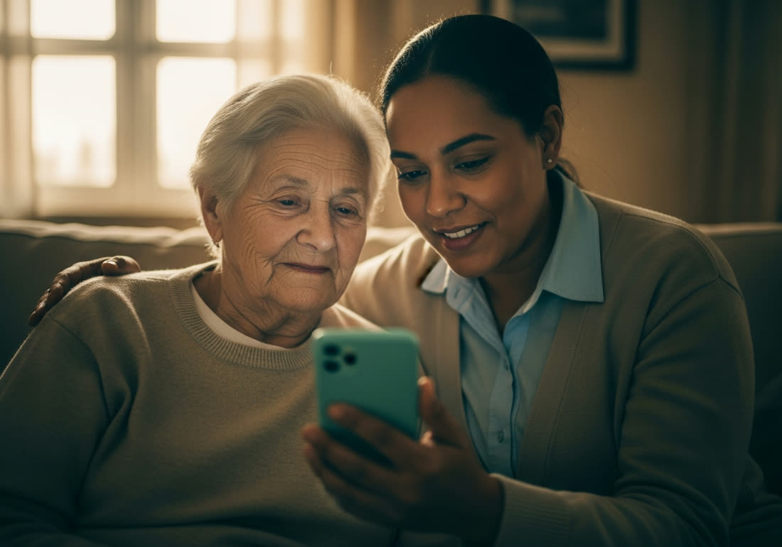 A caregiver and an elderly person looking warmly at a smartphone together